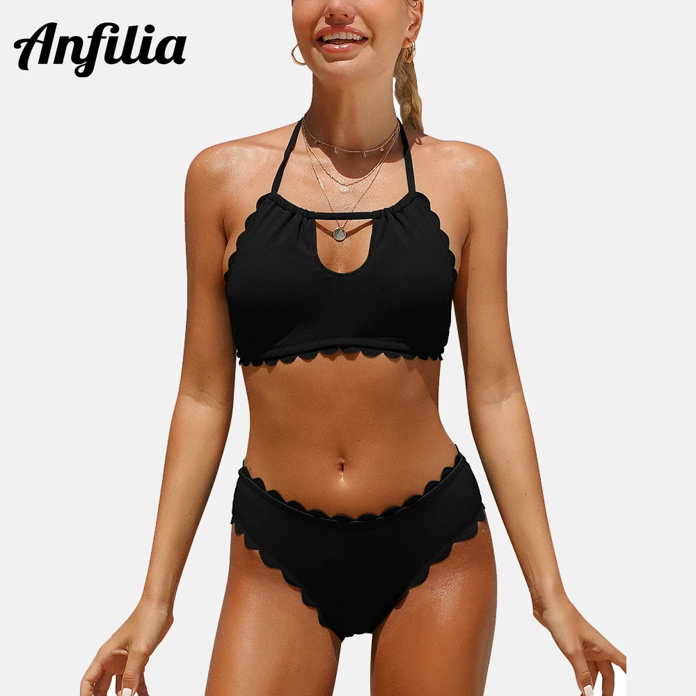 Anfilia Women's Keyhole Cutout Bikini Sexy Ribbed Two Piece Bathing Suits Crop Top Mid Rise High-Cut Swimsuits