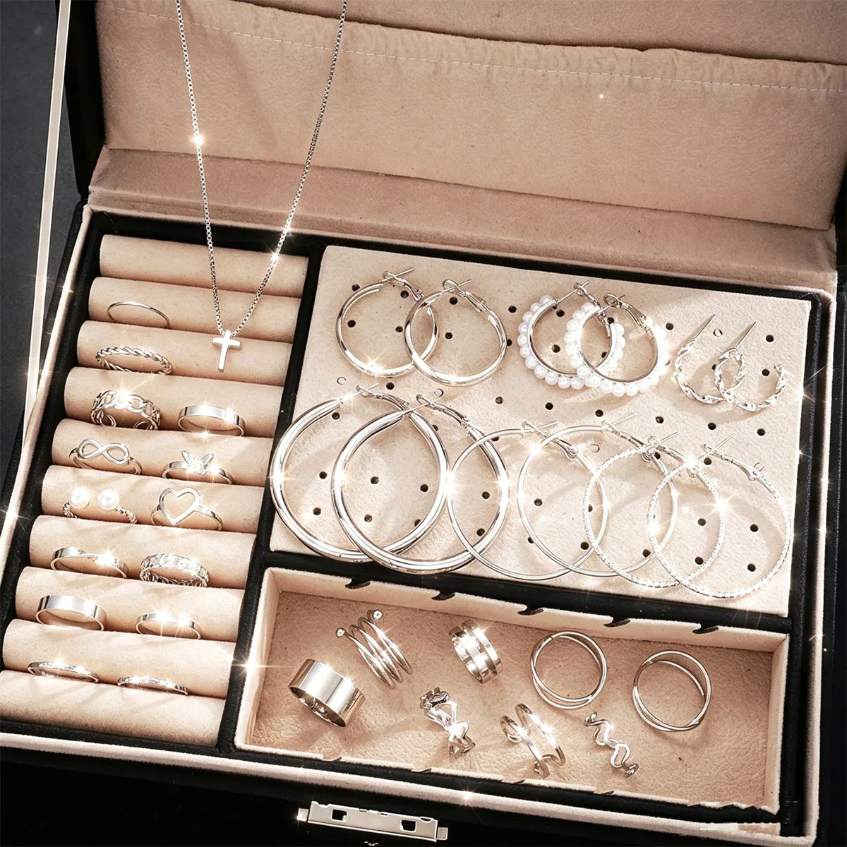 35 Pcs/Set Elegant Personality Imitation Pearl Earrings Rings Cross Necklace Jewelry Set For Women Daily Wear Vintage Jewelry
