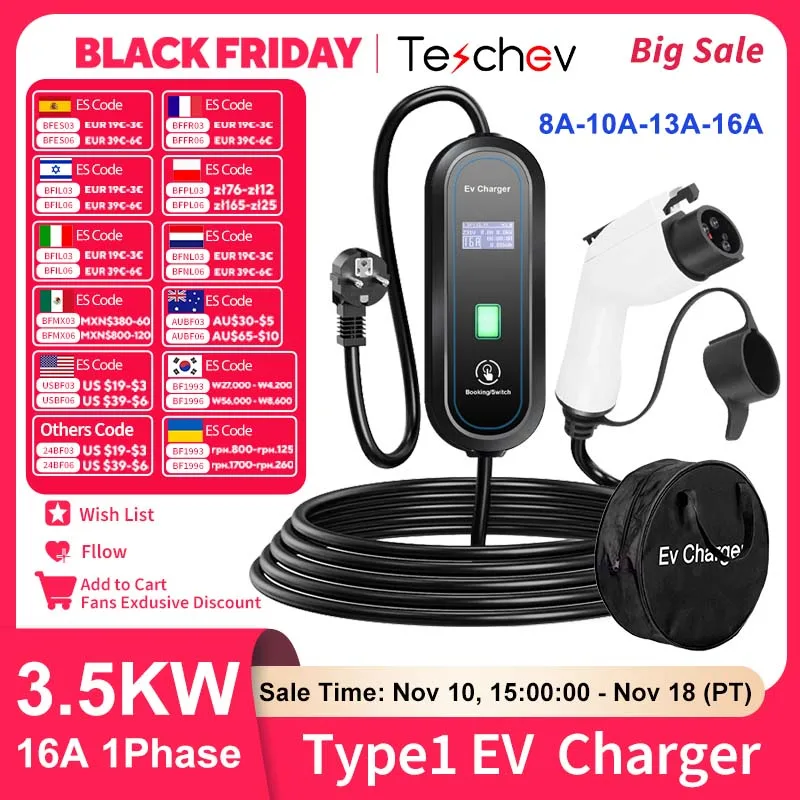 Teschev Type 1 Portable EV Charger 16A 1Phase 3.5KW J1772 Electric Car Charger EVSE Fast Charging Wallbox EV Charging Station