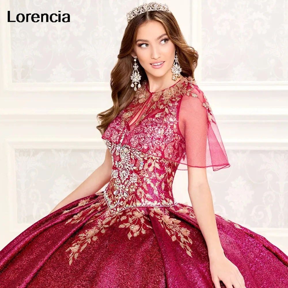 Lorencia Glitter Pink Quinceanera Dress Ball Gown Gold Lace Applique Beaded With Cape Corset Sweet 16 Vestidos De 15 Años YQD722