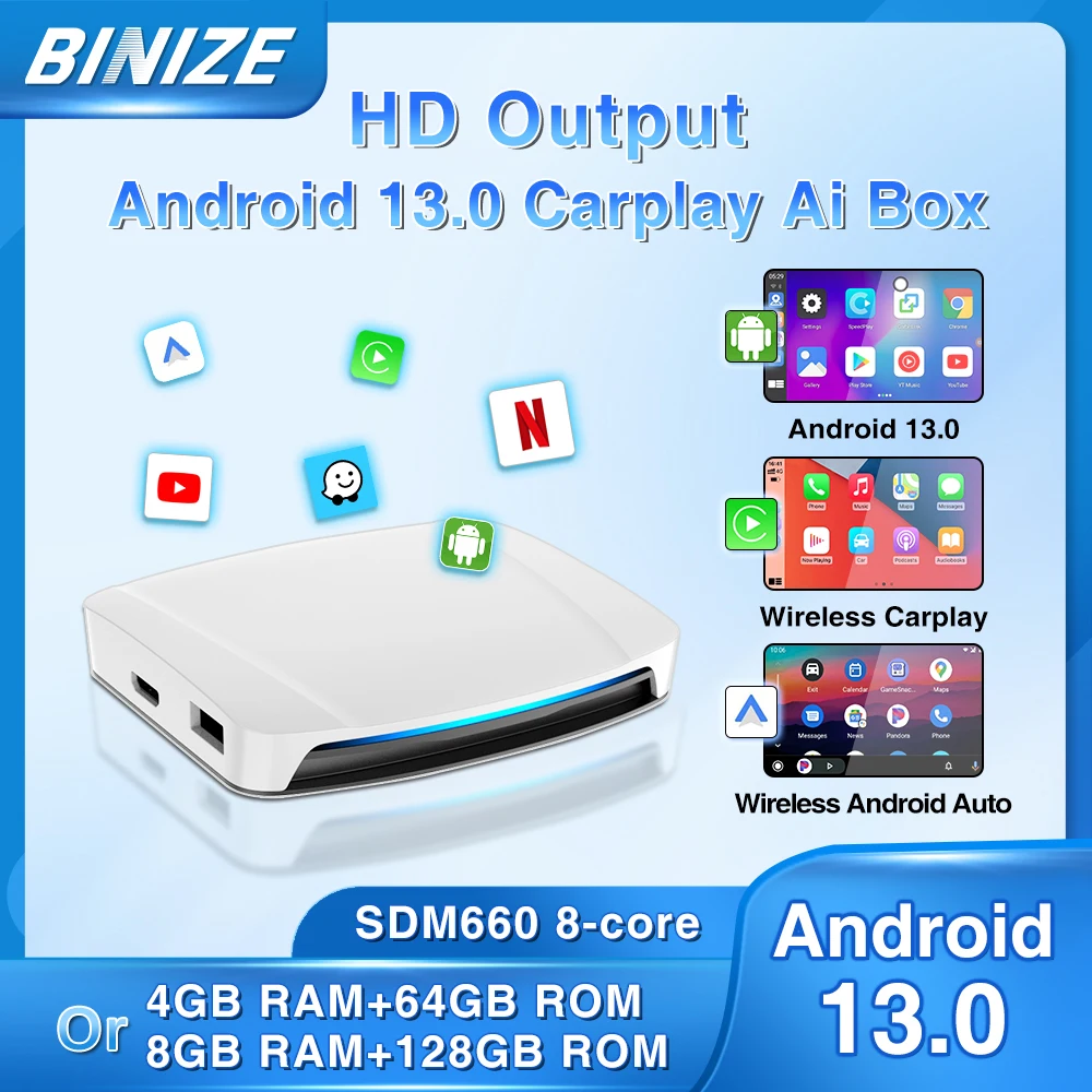 

Binize Android 13.0 CarPlay Ai Box Wireless CarPlay Android Auto Smart Box для Netflix для автомобиля с проводным OEM CarPlay