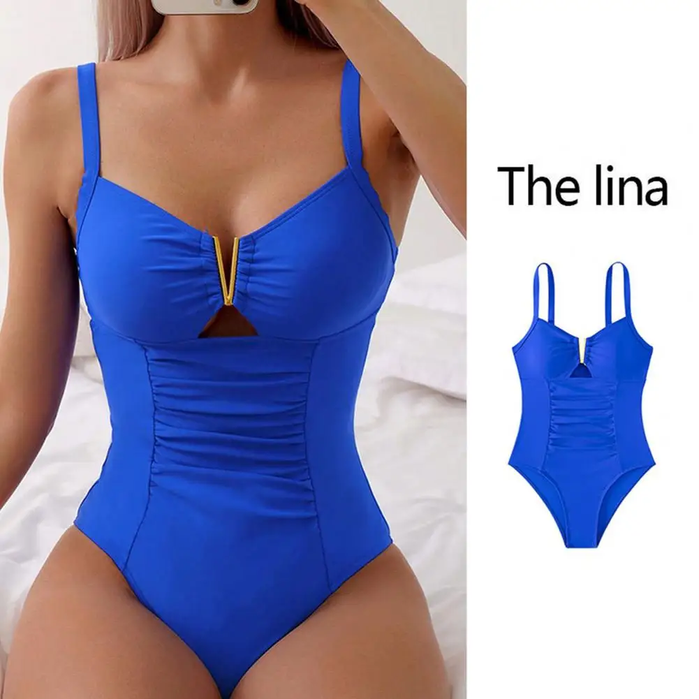 Estilingue monokini de peça única para mulheres, biquíni elegante com decote em v, maiô plissado, moda praia para senhoras