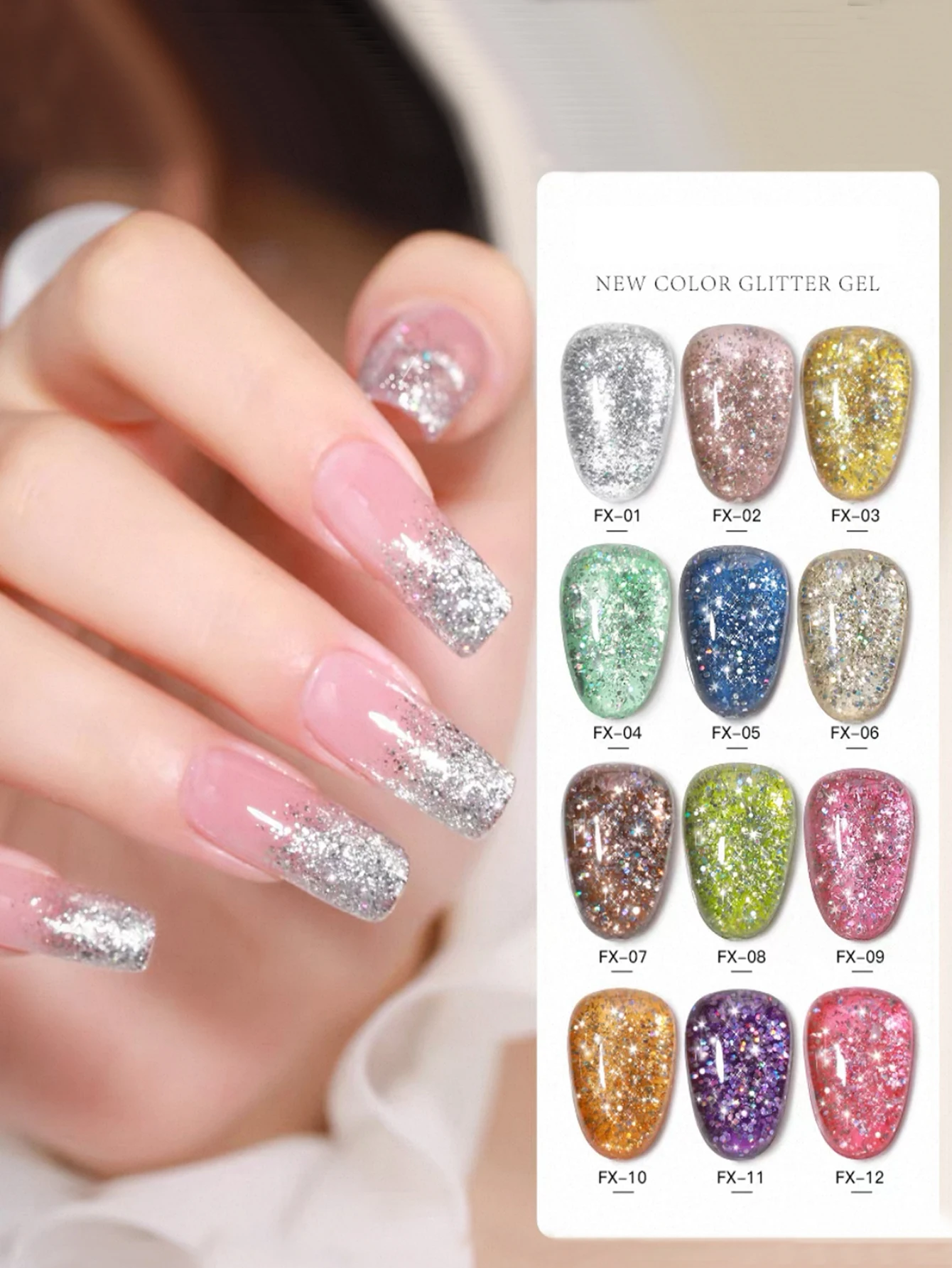12 pièces de gel UV pour ongles, tendance été-automne 2026, avec des paillettes colorées de type galaxie et de grandes paillettes scintillantes