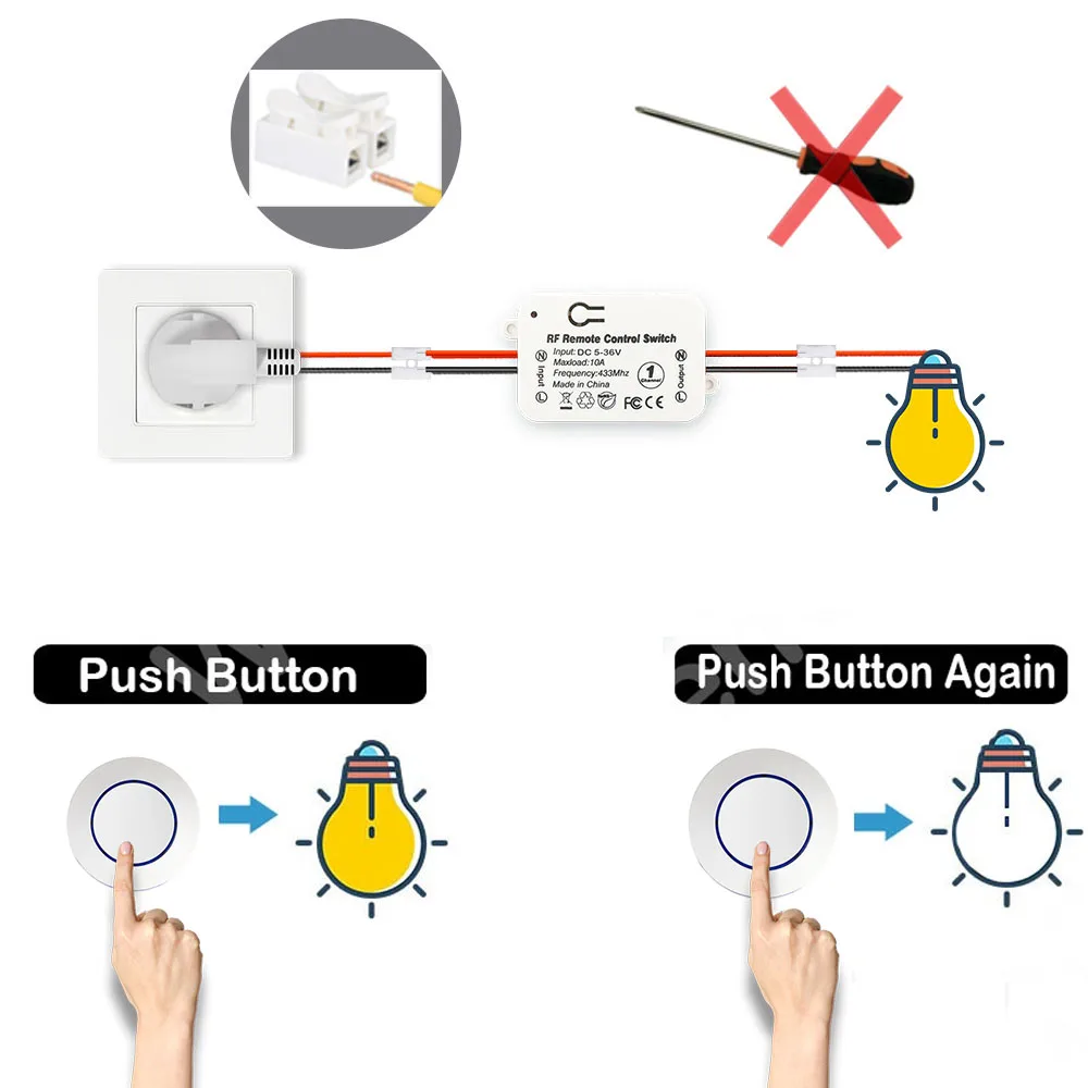 RF 433 Mhz Wireless Light Switch Push Button Wall Switch DC 12V 24V 36V 10A Radio Transmitter Remote ON OFF Led Electric Door