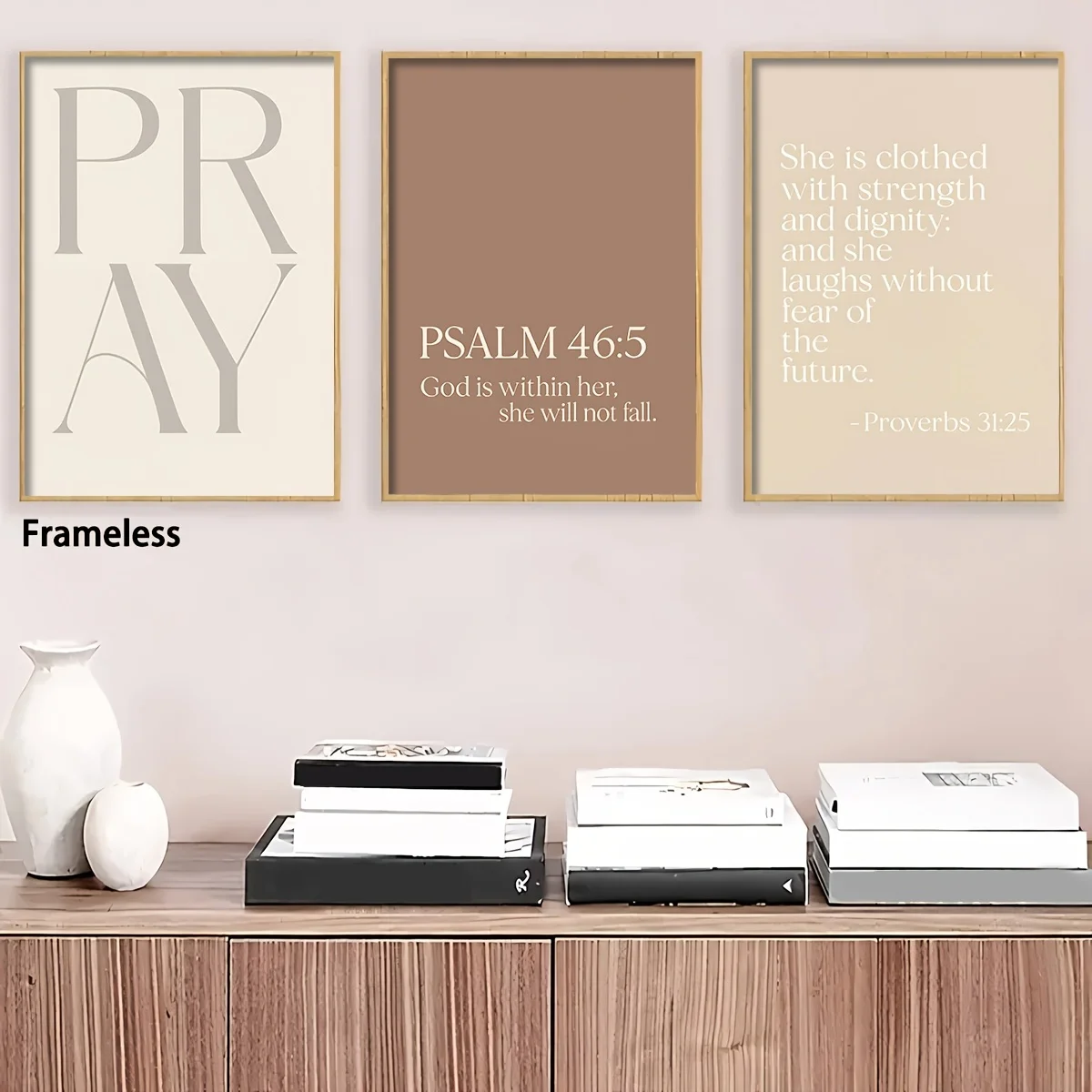 （NOframe 3PCS）-2D Flat, 2D Flat, Set of 3 PRAY Scripture Quote Canvas Posters Christian Wall Art Psalm 46:5 Proverbs 31:25 In