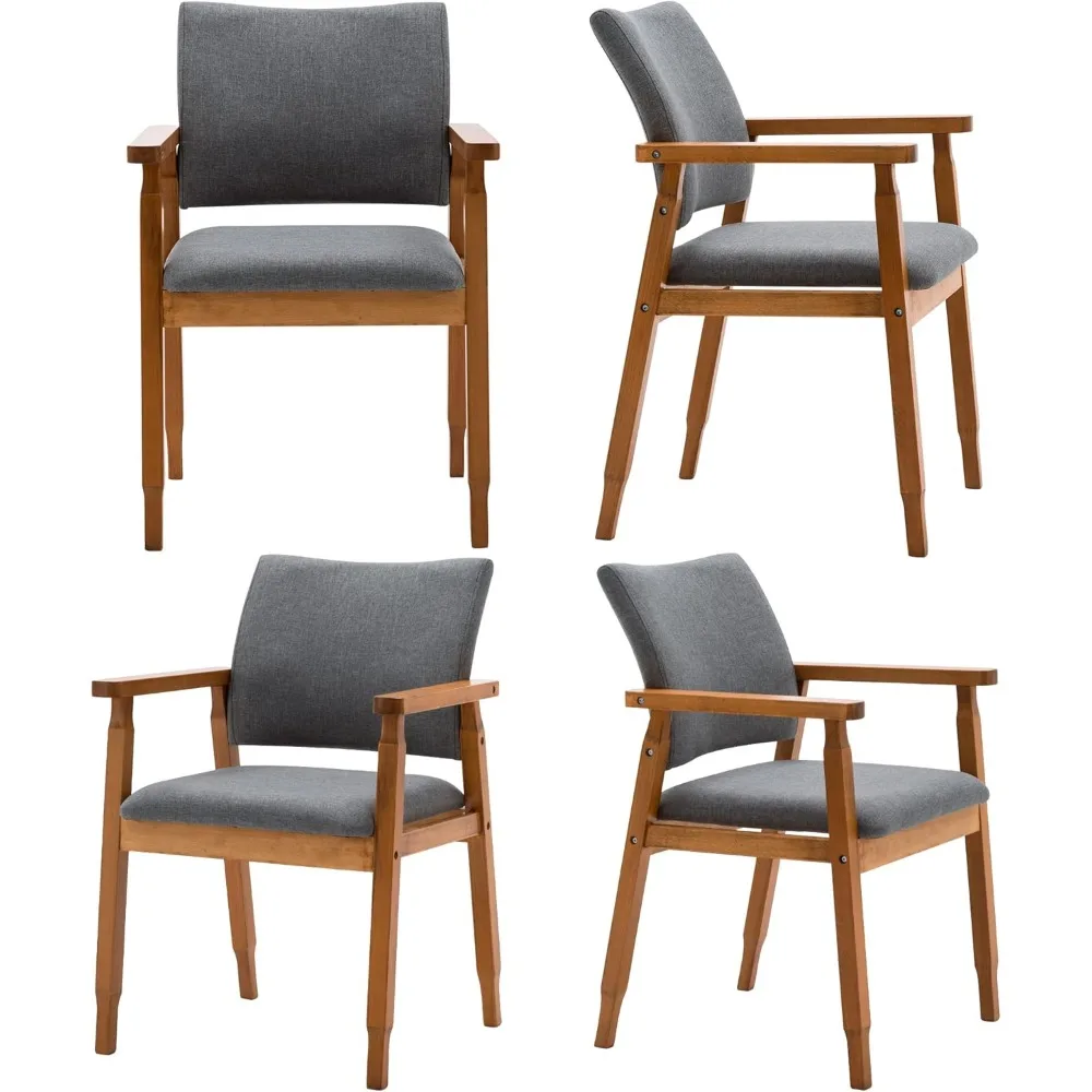 Mid Century Modern Walnut Dining Chairs Wood Arm Grey Fabric Kitchen Cafe Living Room Decor Furniture