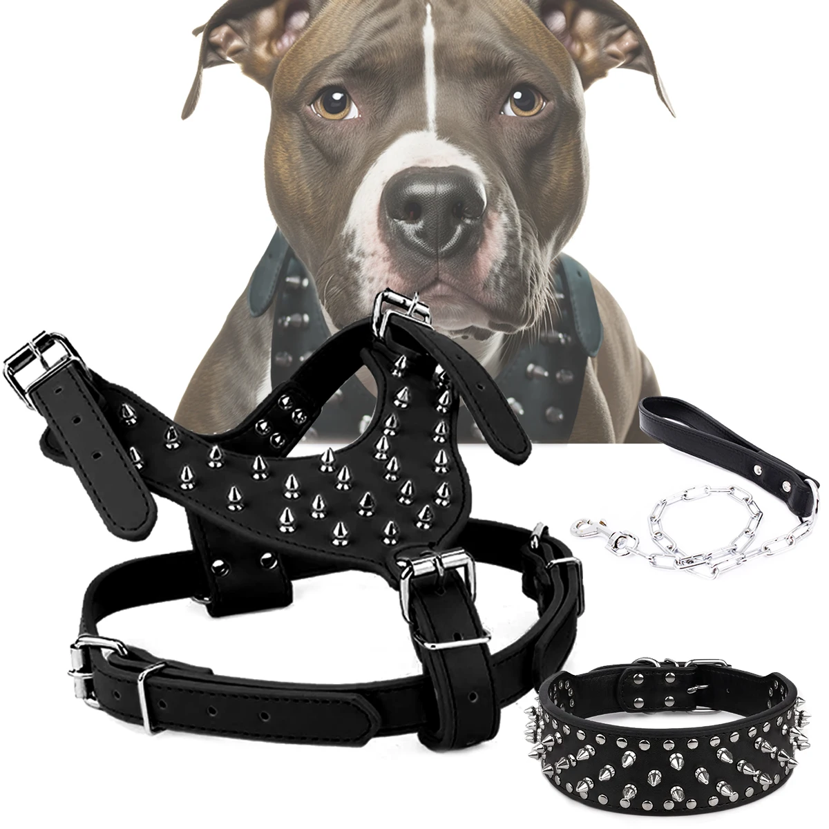 Obroża dla psa szelki z kolczastymi i łańcuszkowymi zestaw smyczy dla średnich ras Pitbull Mastiff buldog akcesoria zapobiegające ugryzieniu