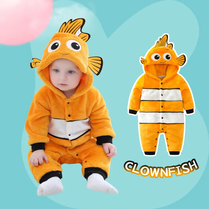 Nemo Costume Baby Romper Pajamas Infant Baby Girl Clothes Cartoon Fish Cosplay Onesie Outfit Winter Boy Girl Hooded Jumpsuit
