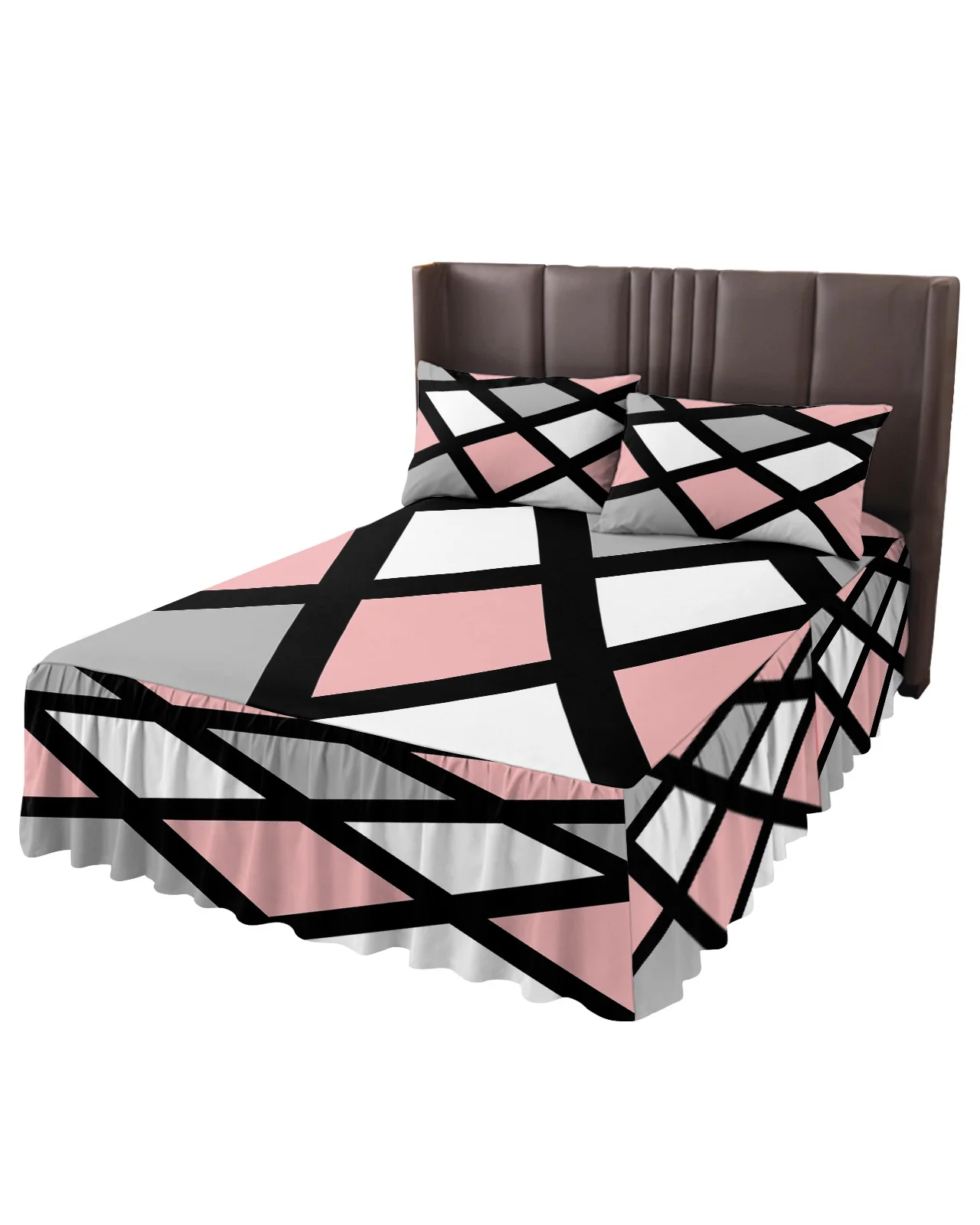 Pink Black Grey Geometric Square Bed Skirt Elastic Fitted Bedspread With Pillowcases Mattress Cover Bedding Set Bed Sheet