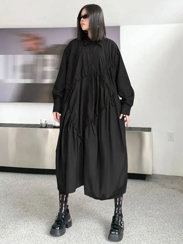女性用黒プリーツイレギュラービッグサイズミディシャツワンピース新作ラペル長袖ファッション潮春秋
