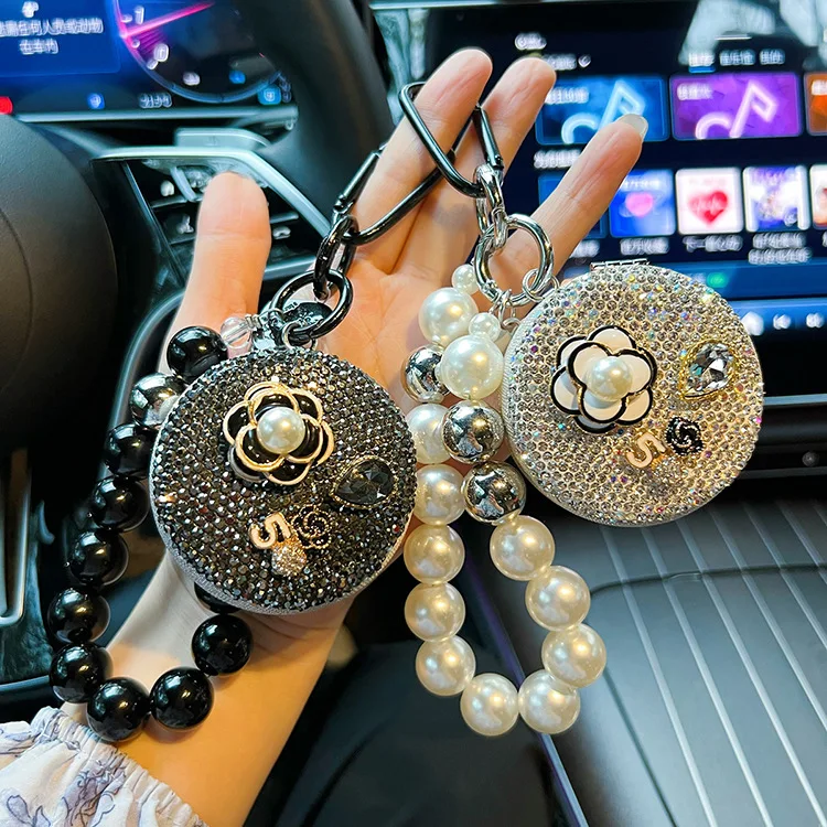 Fashion Foldable Compact Mirror Keychain with Rhinestones for Chanel-style Bags, Cars, Purse – Portable Makeup Mirror Charm
