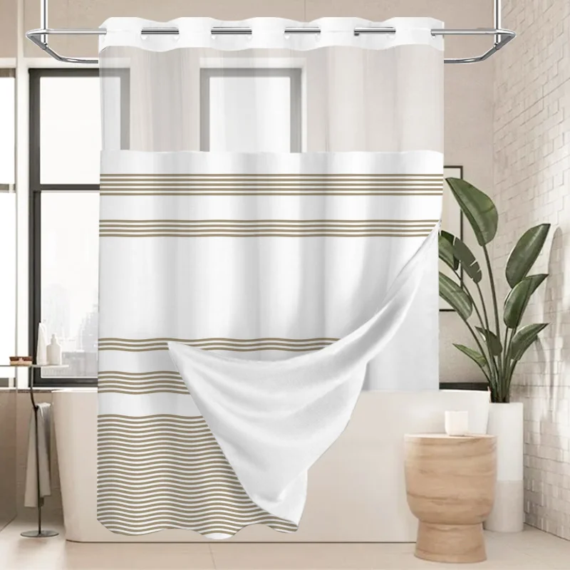 

Двухслойная шторка для душа без крючков с быстросохнущей подкладкой, выполненная в кофейно-белую полоску. Th