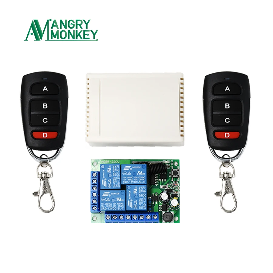 angry monkey 433Mhz Remote Control Wireless Switch AC 85V ~ 250V 220V 4 CH Relay Receiver Module and 2Pieces 433 mhz Control