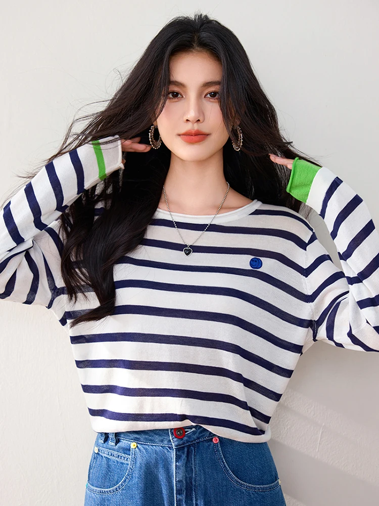 Women's Clothing Round Neck Long Sleeve Striped Knitted Tops Pullover Contrast Color Fashion T-shirt Casual Tops Autumn New