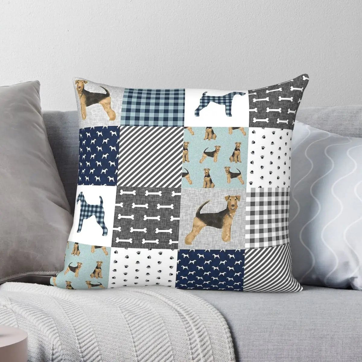 Airedale Terrier Patchwork Pillowcase Polyester Linen Velvet Printed Zip Decor Room Cushion Cover