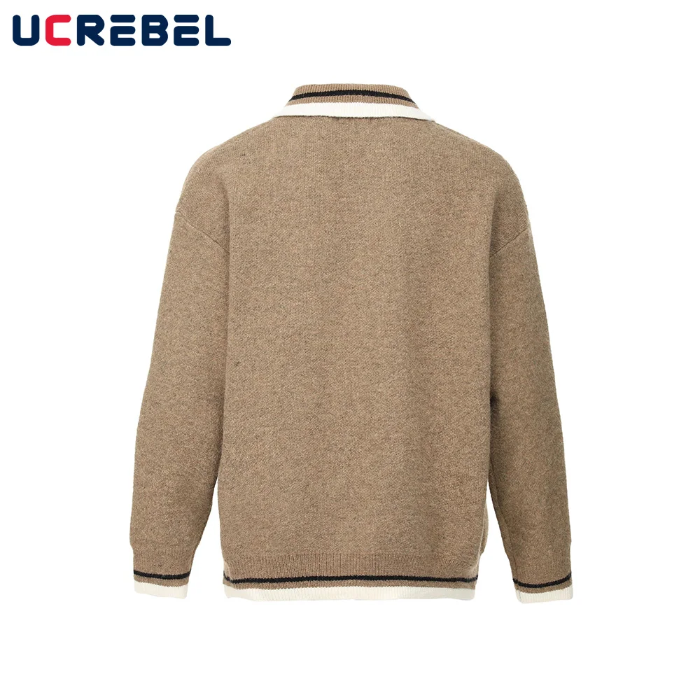 Letter Print Contrast Sweater Mens High Street Autumn Winter Long Sleeve Lapel Loose Knitted Pullover Men