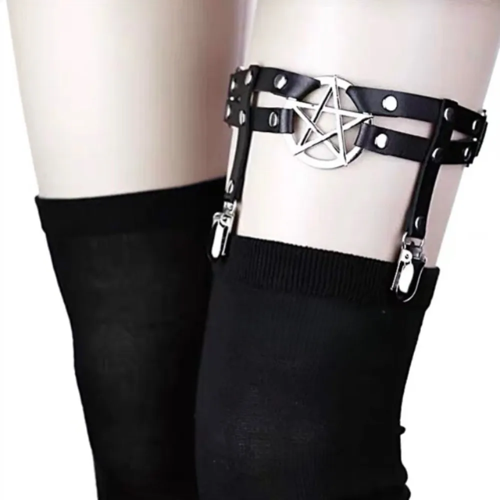 

Fashion Adjustable Pentagram Leg Strap Punk Gothic Suspender Stockings Clip PU Leather Rock Thigh Harness Girls