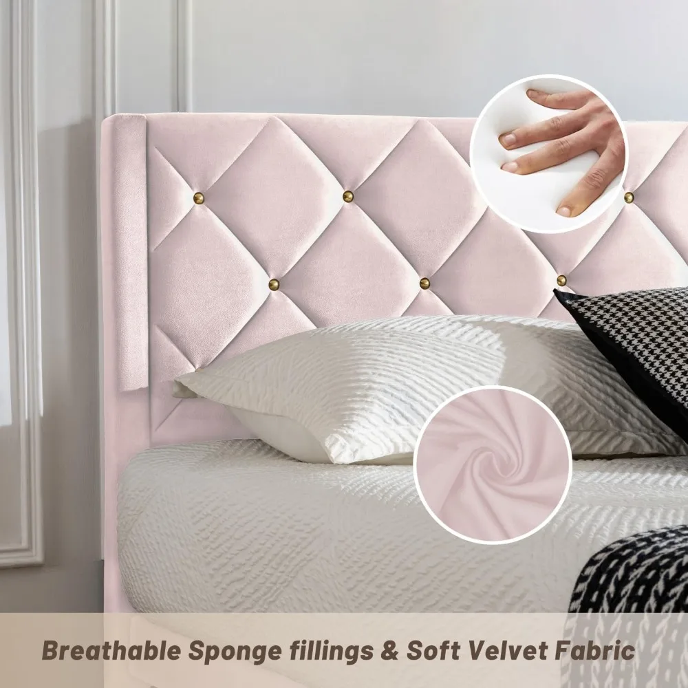 إطار سرير بمنصة رأس مخملية بحجم كوين مع دعامة خشبية وسهلة التجميع