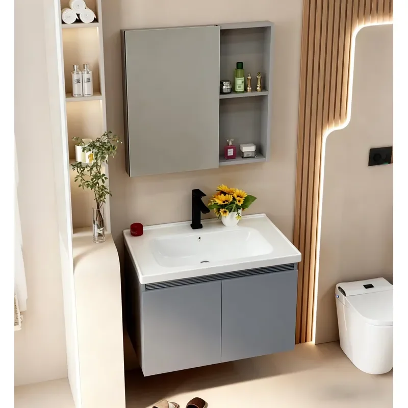 Modern Stainless Steel Bathroom Vanity with Matte Grey Doors Wall-mounted Cabinet with Square Mirror for Modern Apartment