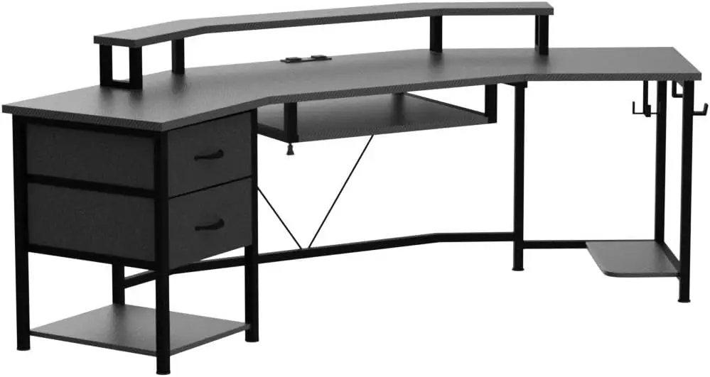 SEDETA-L Shaped Gaming Desk, Mesa do Computador, 2 Gavetas de Tecido, Luz LED, Prateleira de Armazenamento para Home Office, 79"