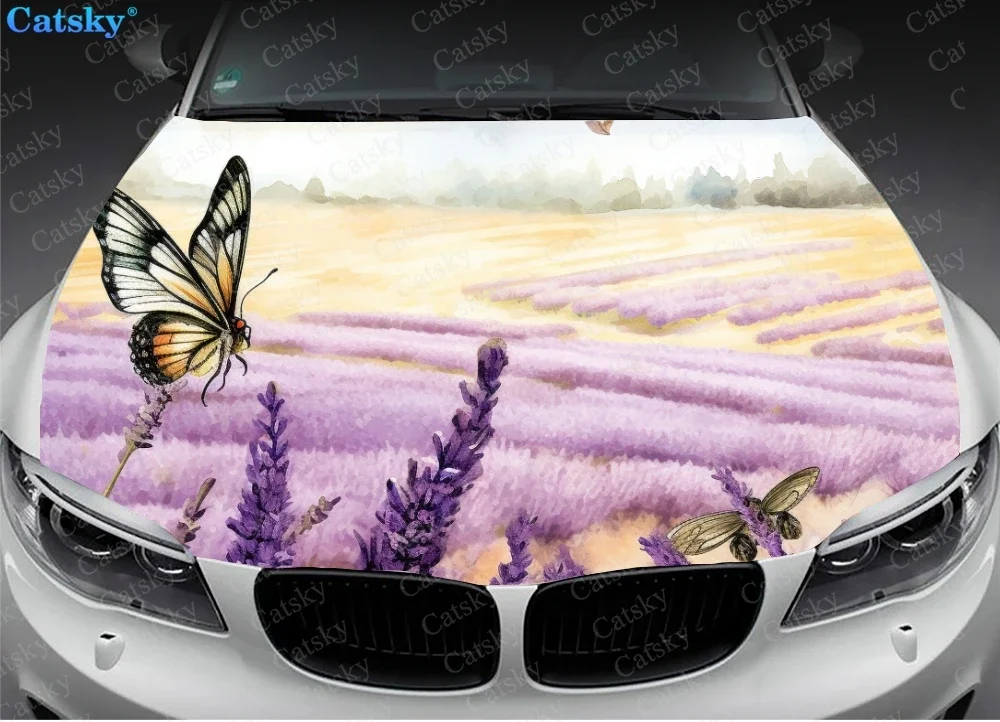 Butterflies in Lavender Field Car Hood Vinyl Stickers Wrap Vinyl Film Engine Cover Decals Sticker on Car Auto Accessories