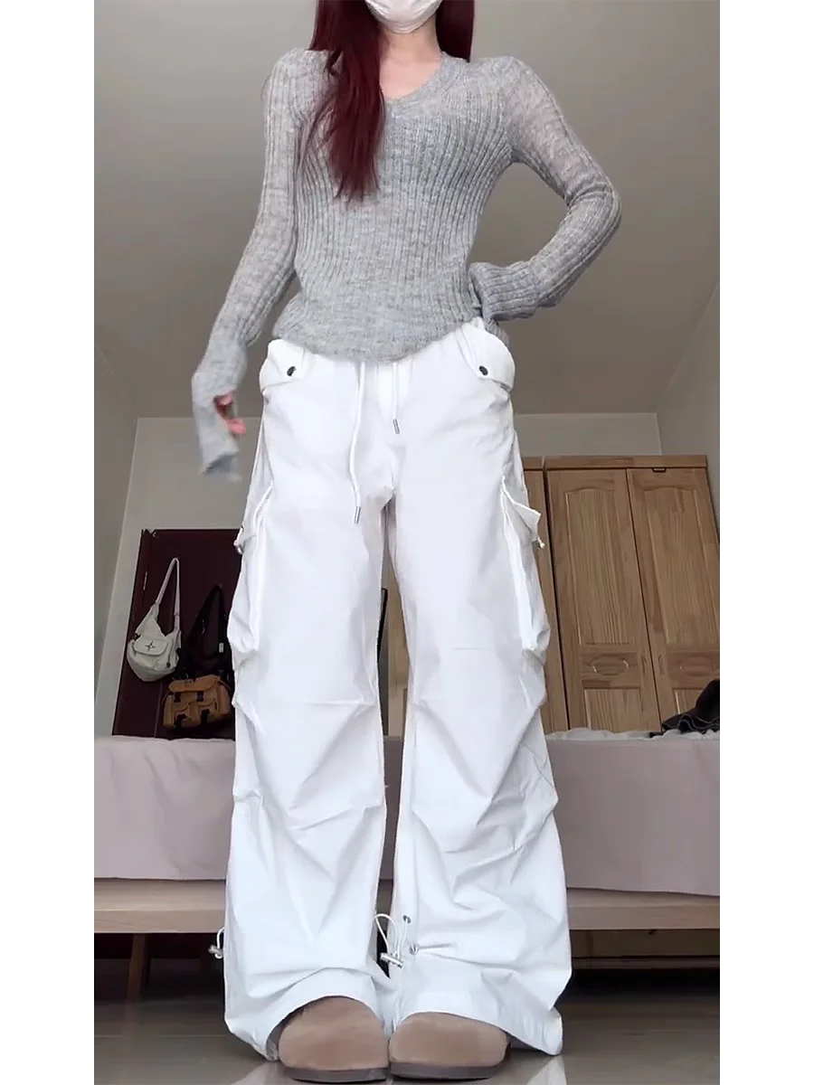 아메리칸 레트로 워크 팬츠, 여성 디자인 센스, 화이트 캐주얼 팬츠, 자외선 차단, 속건성, 와이드 레그, 바이브 패러트루퍼스