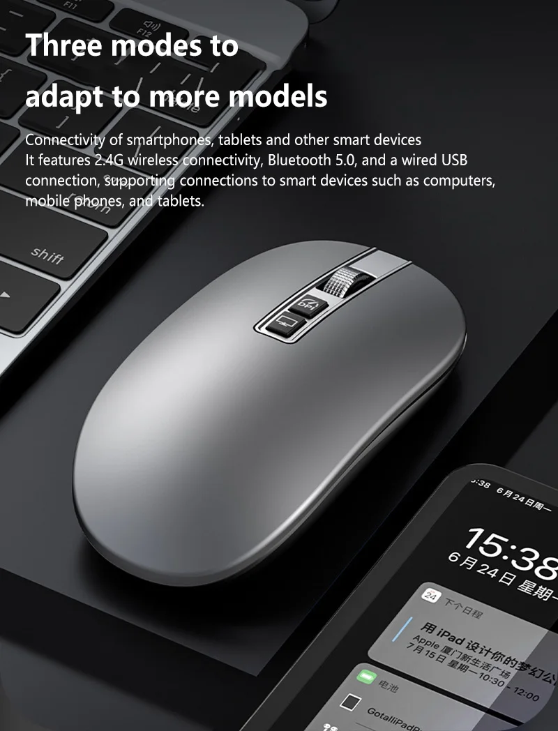 Wireless Mouse Ultra Slim Silent Rechargeable 2.4G Bluetooth Portable Optical Mouse for Laptop PC Office Computer