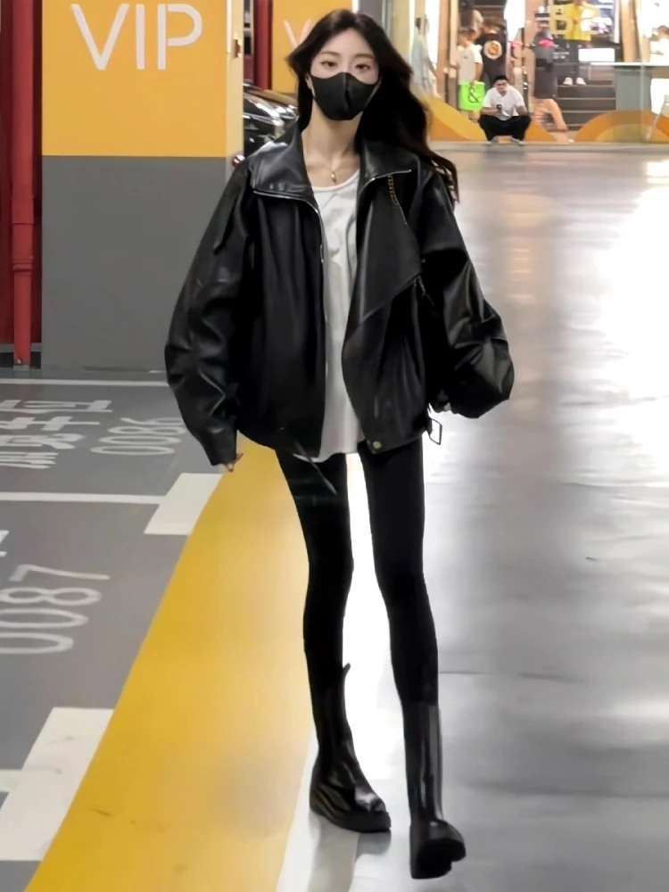 

Cool Korean Sle Leather Jaet Women's Autumn New Arrival High Faion American Retro Jaet Top PU Leather Long Sve Zipper