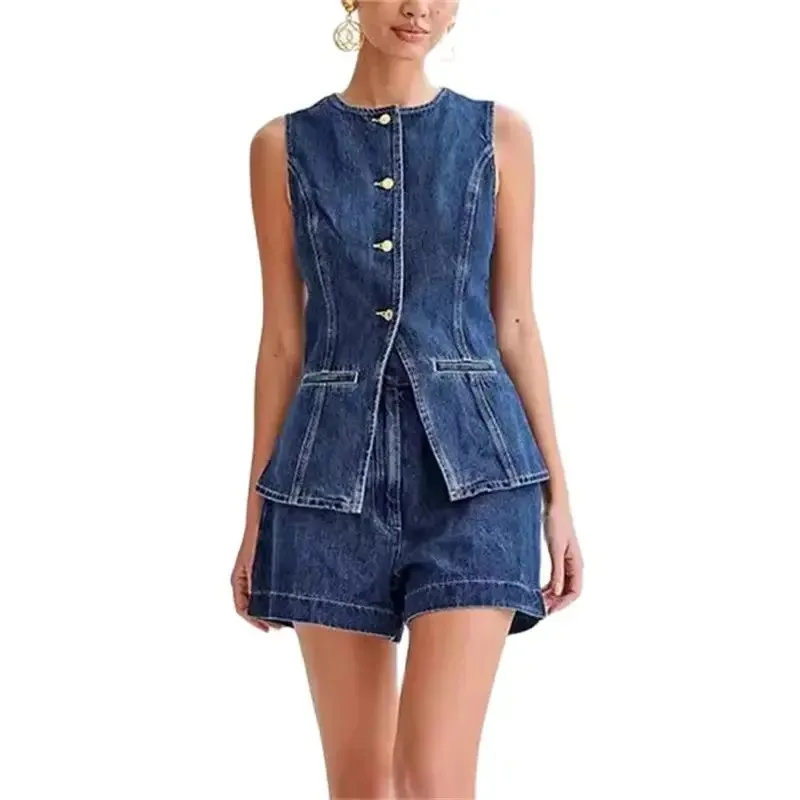 2024 Vintage Casual Denim Suits Back Split Women Sleeveless Button Splicing Slim Jacket Female Two Piece Sets High Waist Shorts