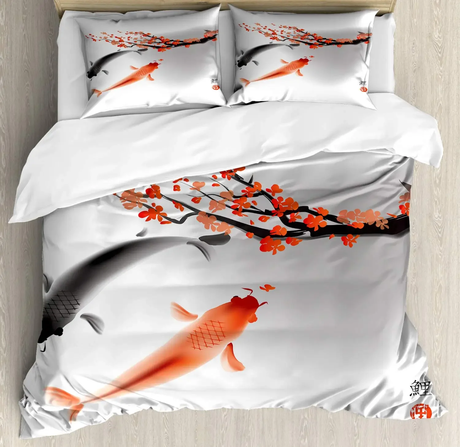 Japanese Duvet Cover Koi Carp Couple Swimming Cherry Blossom Branch Culture Design for Bedroom Decorative Orange Grey Women Men