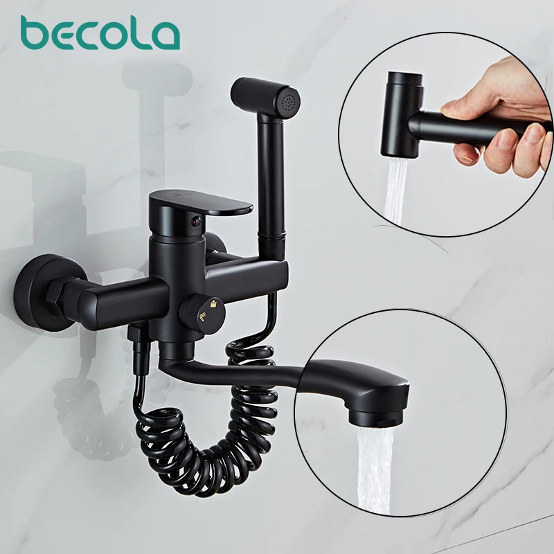 

Becola Black Brass Kitchen Faucet Mixer Tap With Spray Gun Wall Mounted Black Rotatable Bathroom Tap With 1.5m Plastic Hose