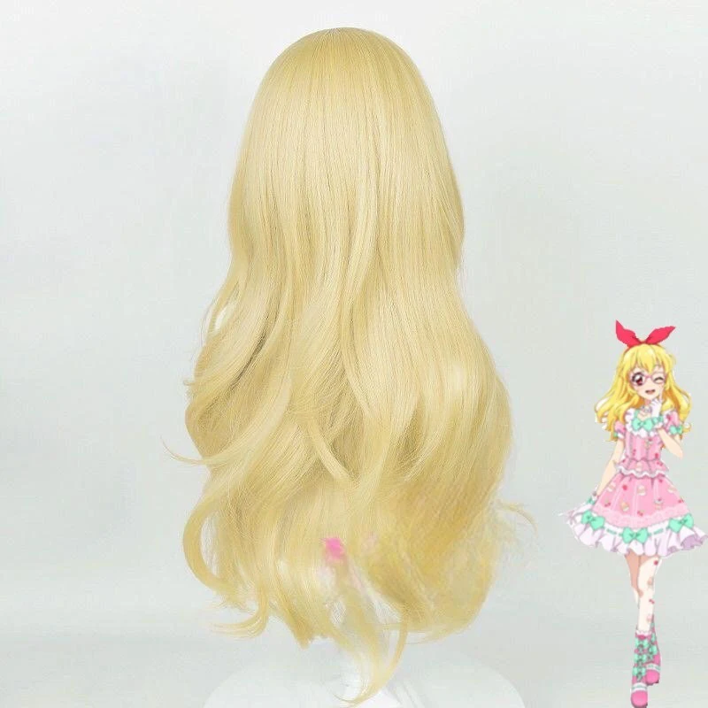 호시미야 이치고 코스프레 모델링 가발 애니메이션 아이카츠 히로인 역할 헤드기어 볼 여성 이브닝 드레스 매치 골든 롱 컬리 헤어
