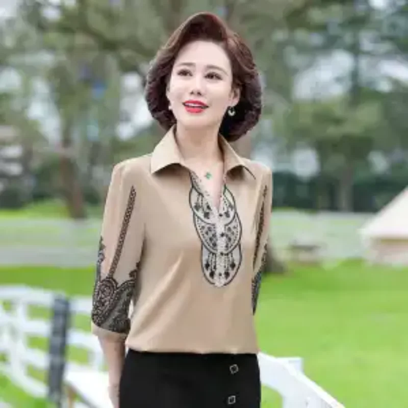 Mother's New Style Chiffon Shirt for Middle-aged Mothers Tops Short-sleeved Spring Summer Middle-aged and Elderly Women