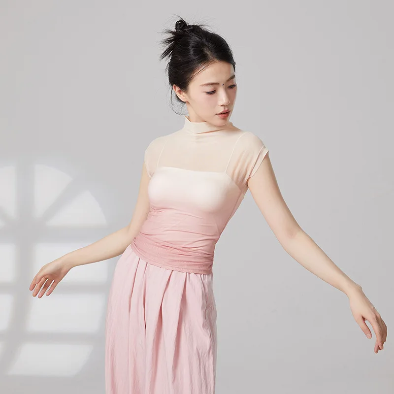 2026 New Gradient Short Sleeve Modern Dance Elegant Classical Dance Practice Costume Sheer Mesh Clothes Body Shaping Training