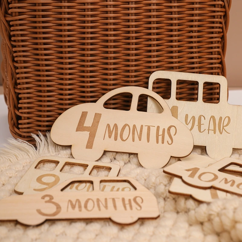 Baby Boy Car Milestone Number Monthly Memorial Card Newborn Baby Paper Wooden Engraved Age Photography Accessories Birthing Gift