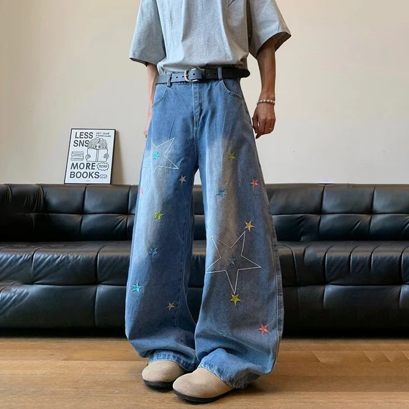 WTHT موضة الرجال التطريز التدرج فضفاض الدنيم السراويل العصرية عادية عالية الخصر واسعة الساق الجينز الذكور 2025 الصيف 2A1226 #3