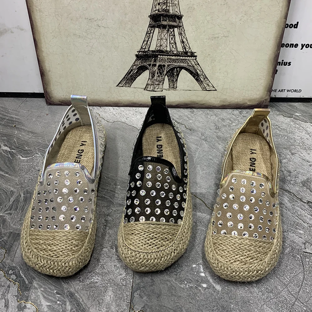 Fashion Women Flat Shoes Rhinestone Gauze Designer Women Loafers Plus Size Casual Female Sandals Summer Mullers