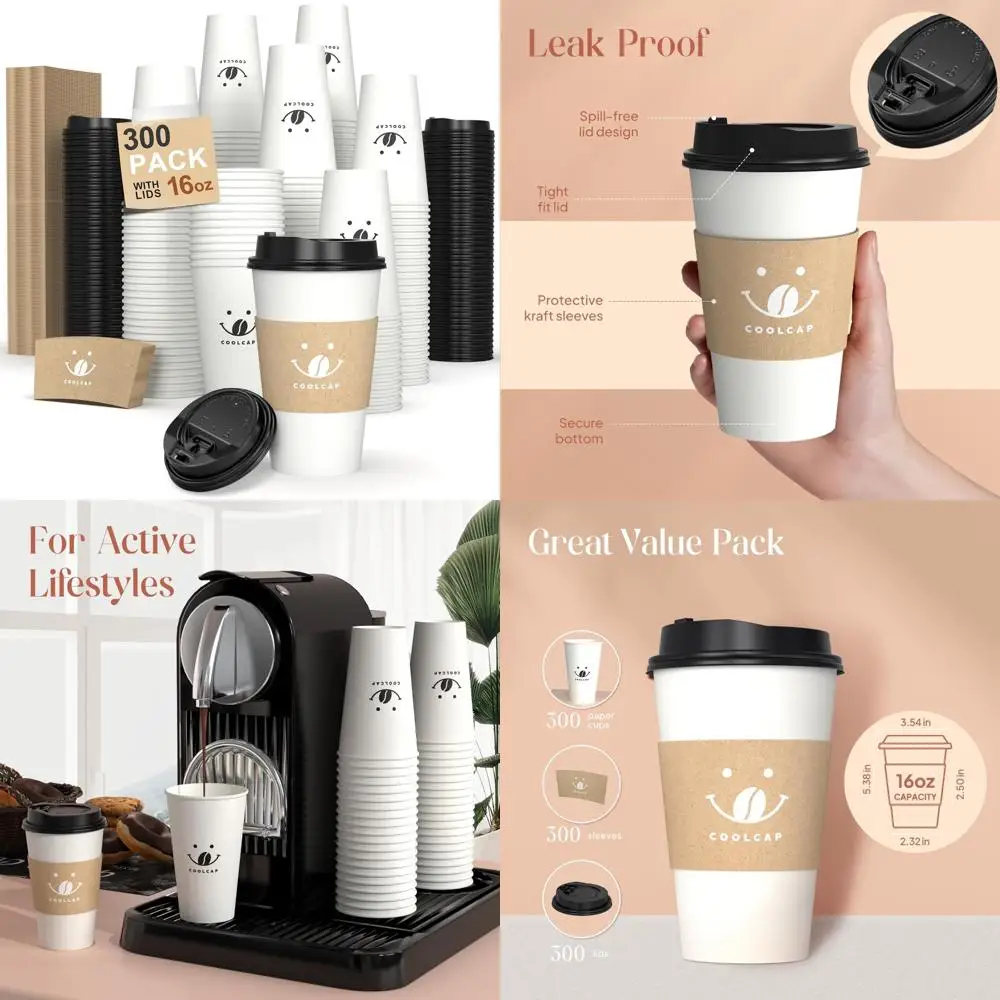 

Одноразовые бумажные стаканчики на 16 унций с крышками и рукавами, дорожные кружки на 300 упаковок для горячих и холодных напитков, набор белых чашек для выхода на работу