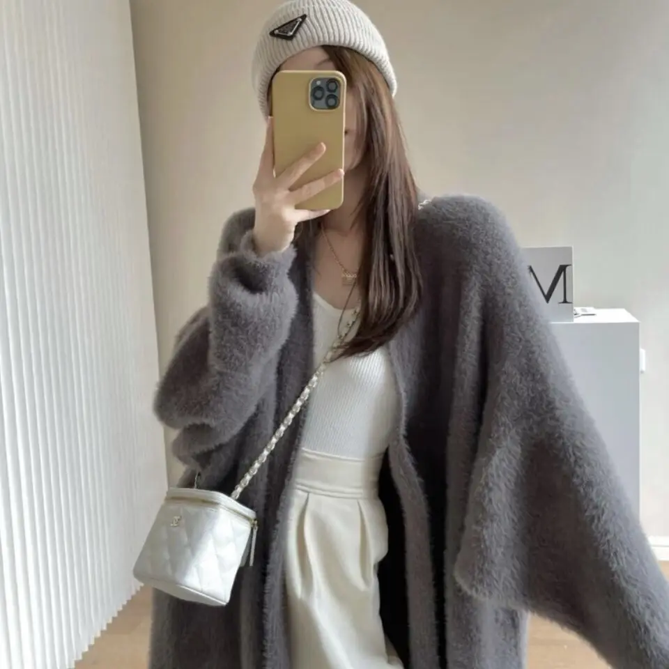 Fluffy Long Cardigan Women Elegant Long Sleeve Fur Loose Female Knit Sweater Coat 2023 Autumn Winter Street Maxi Lady Outwear