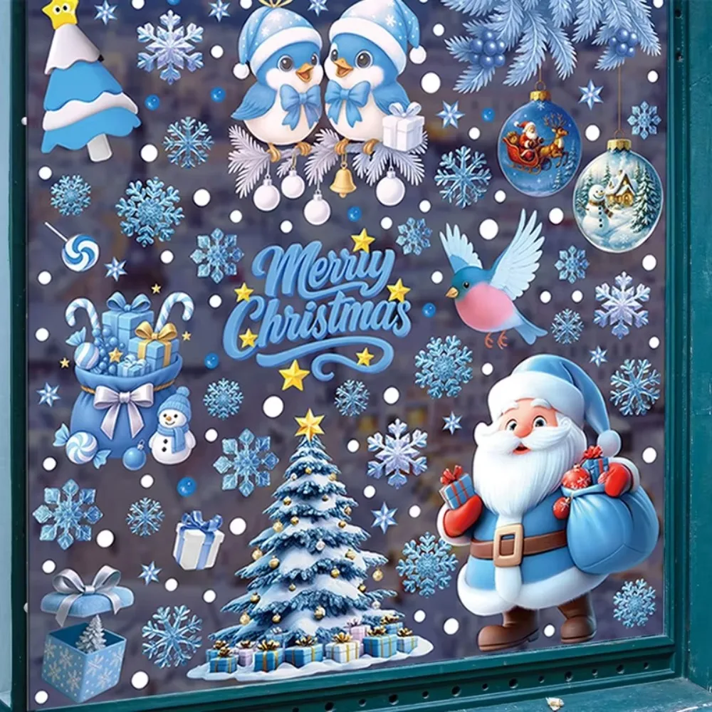 2PCS Santa Snowman Christmas Window Stickers Elk Snowflake Design Blue Glass Static Stickers Double Side Printed Static Cling