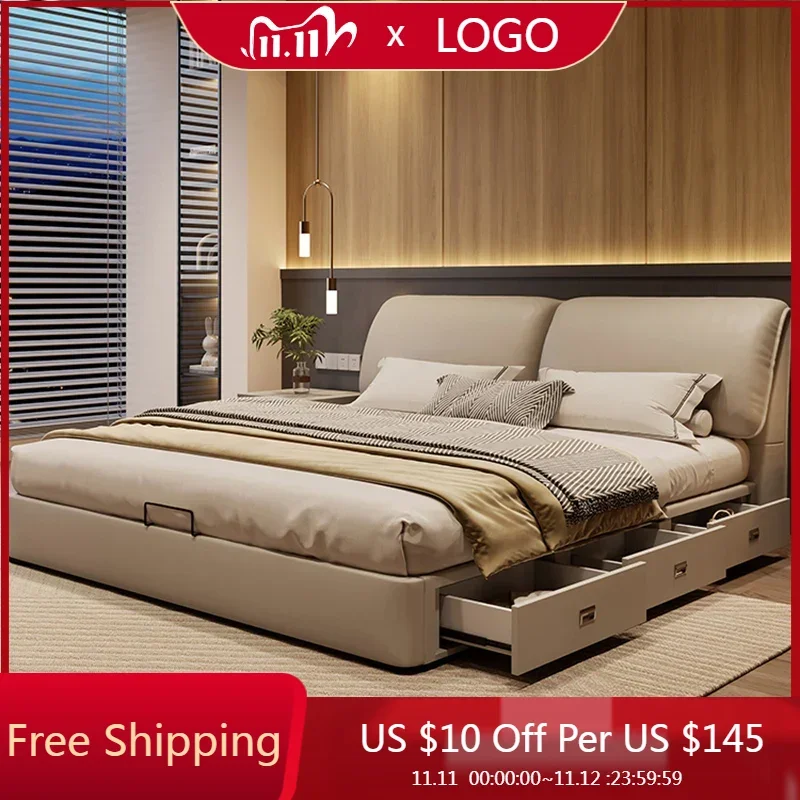 

Leather Double Bed Modern Luxury Italian Minimalist Bed Nordic Storage Aesthetic Cama De Lujo Para Dormitorio Bedroom Furniture