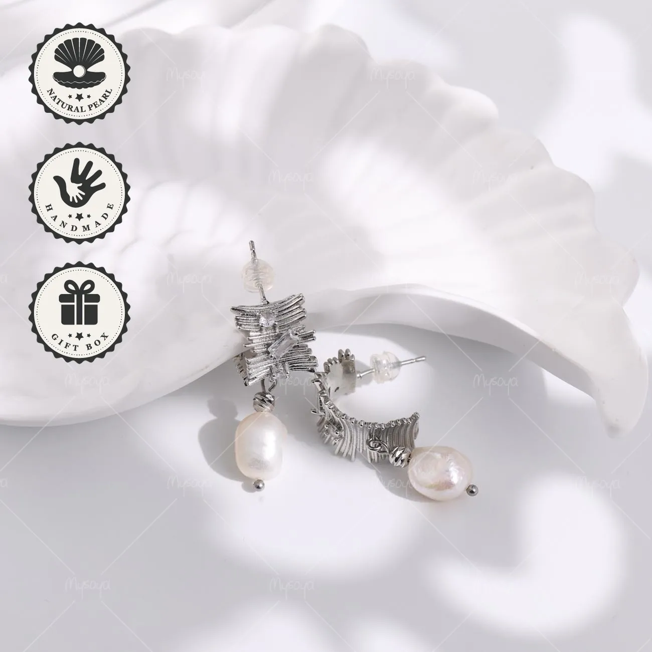 

Mysoya Silvery Irregular Stripe Earrings White Baroque Freshwater Pearl 8–10mm Gift Box Valentine’s Day Gift For Her