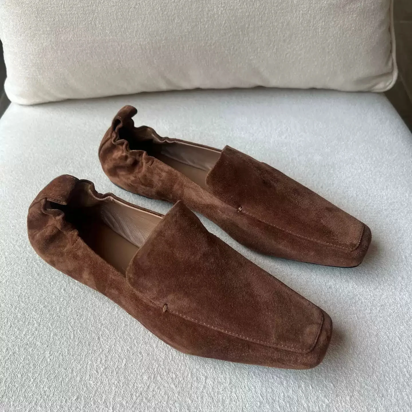Women's Brown Suede Square Toe Loafers Soft Ruched Slip-On Flat Casual Shoes Minimalist Vintage Lightweight Comfortable Footwear