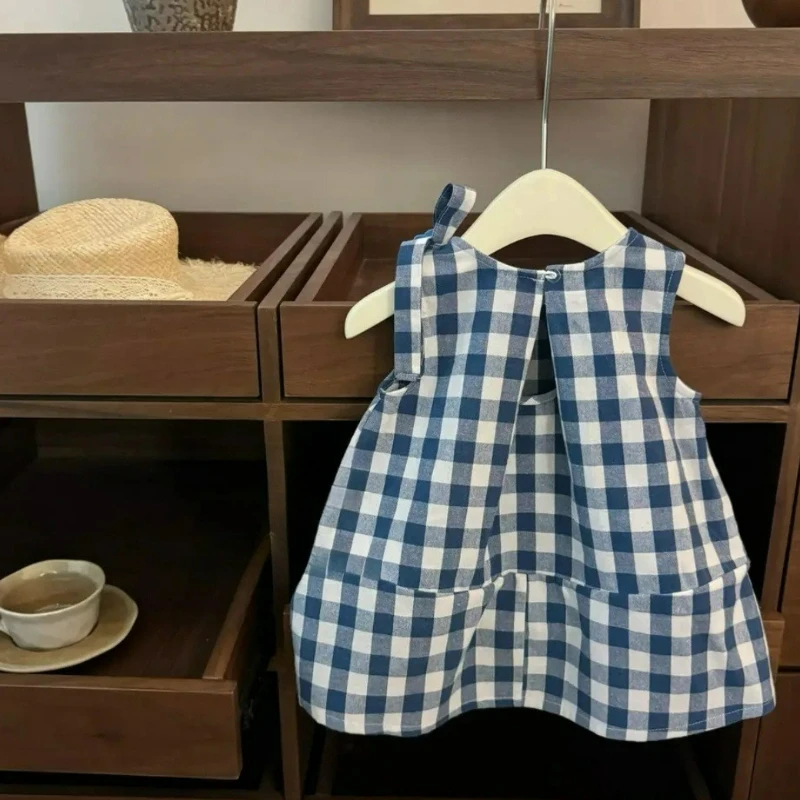 Summer Baby Girl Sleeveless Gingham Dress Blue & White Check Smocked Princess Dress with Floral Applique 1-6Y Girls Dress
