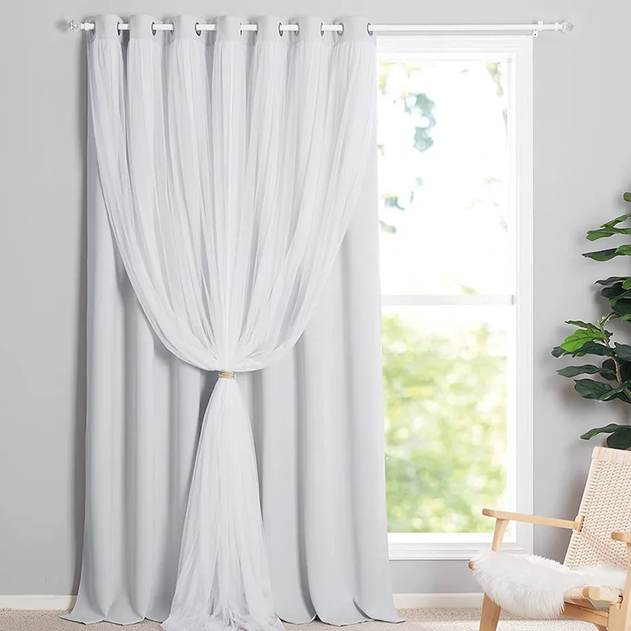 

Double Layer Greyish Sheer Blackout Curtain for Living Room Hall Sliding Door Bedroom Window Kitchen Drape 55% Shading