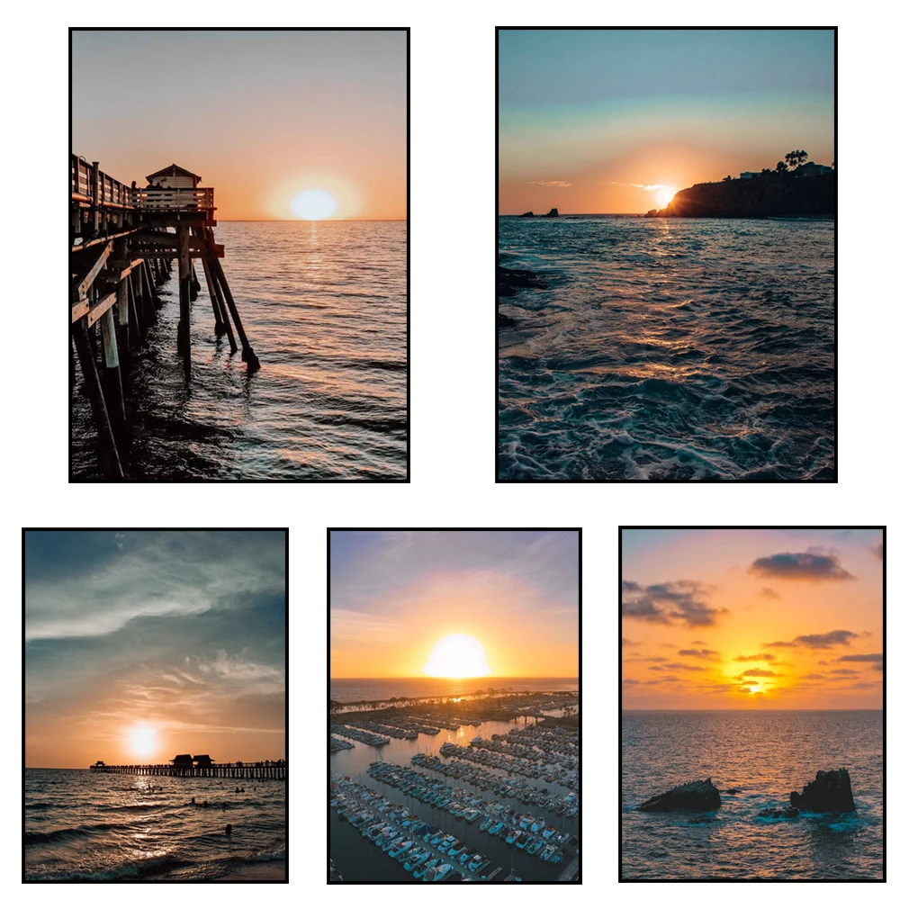 Sunset Beach Ocean Cliff Side Pacific Pier Ocean Waves Photo Poster Print Set California Summer Ambiance Aesthetic Scenery