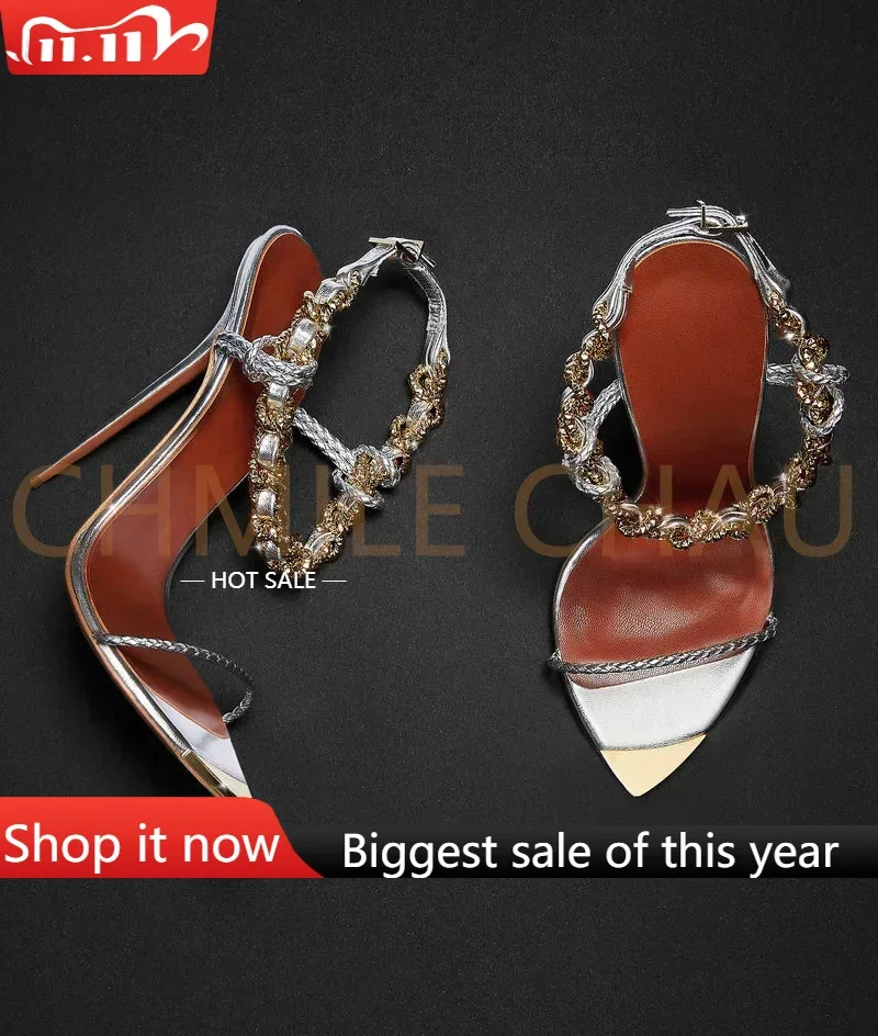 

【Measure your feet length before order】Chain Luxry Designer Women Elegant Sandals Stiletto High Heel Banquet Lady Shoe 85-CHC-30