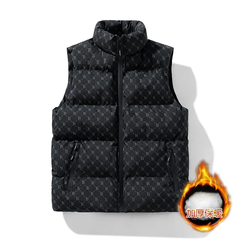 Autumn Winter New Men Letter Printed Vest Stand Collar Sleeveless Coat Casual Thick Warm Zipper Male Vest Coat