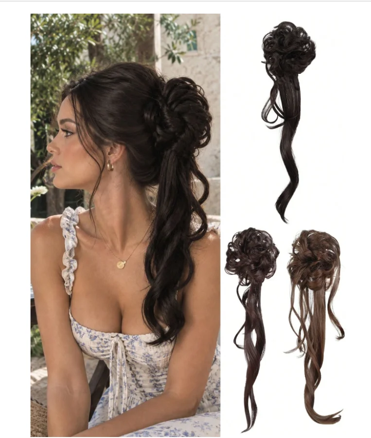 Romantic Messy Bun Wrap‑on Synthetic Wavy Ponytail Hairpiece Fluffy Chignon Long Loose Wave Hair Extension for Bridal Wedding Da