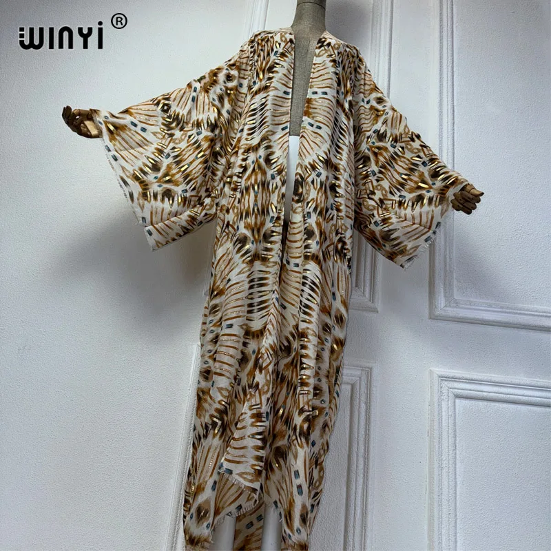 WINYI kimono beach wear women 2024 boho dress beach cover up Cardigan Hot stamping print coat abayas dubai luxury muslim dress